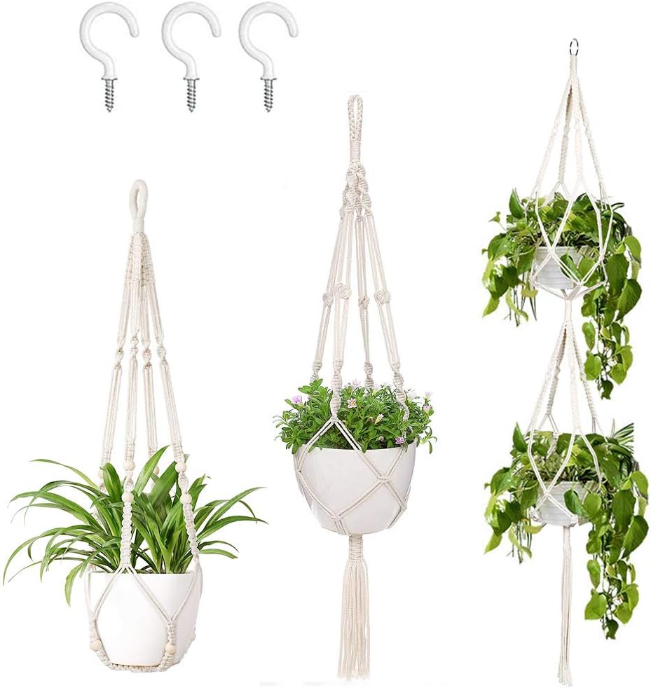 AerWo 3 Pack Macrame Plant Hangers Outdoor Indoor Wall Hanging Planters+ 3 PCS Hooks, Handmade Hanging Plant Holder Basket Stand Flower Pot Holder for Indoor Outdoor Boho Home Decor(4 Legs, 3 Sizes) : Patio, Lawn & Garden