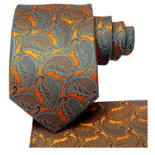 Dubulle Orange Paisely Mens Extra Long Tie for Big and Tall with Pocket Square Handkerchief Hanky