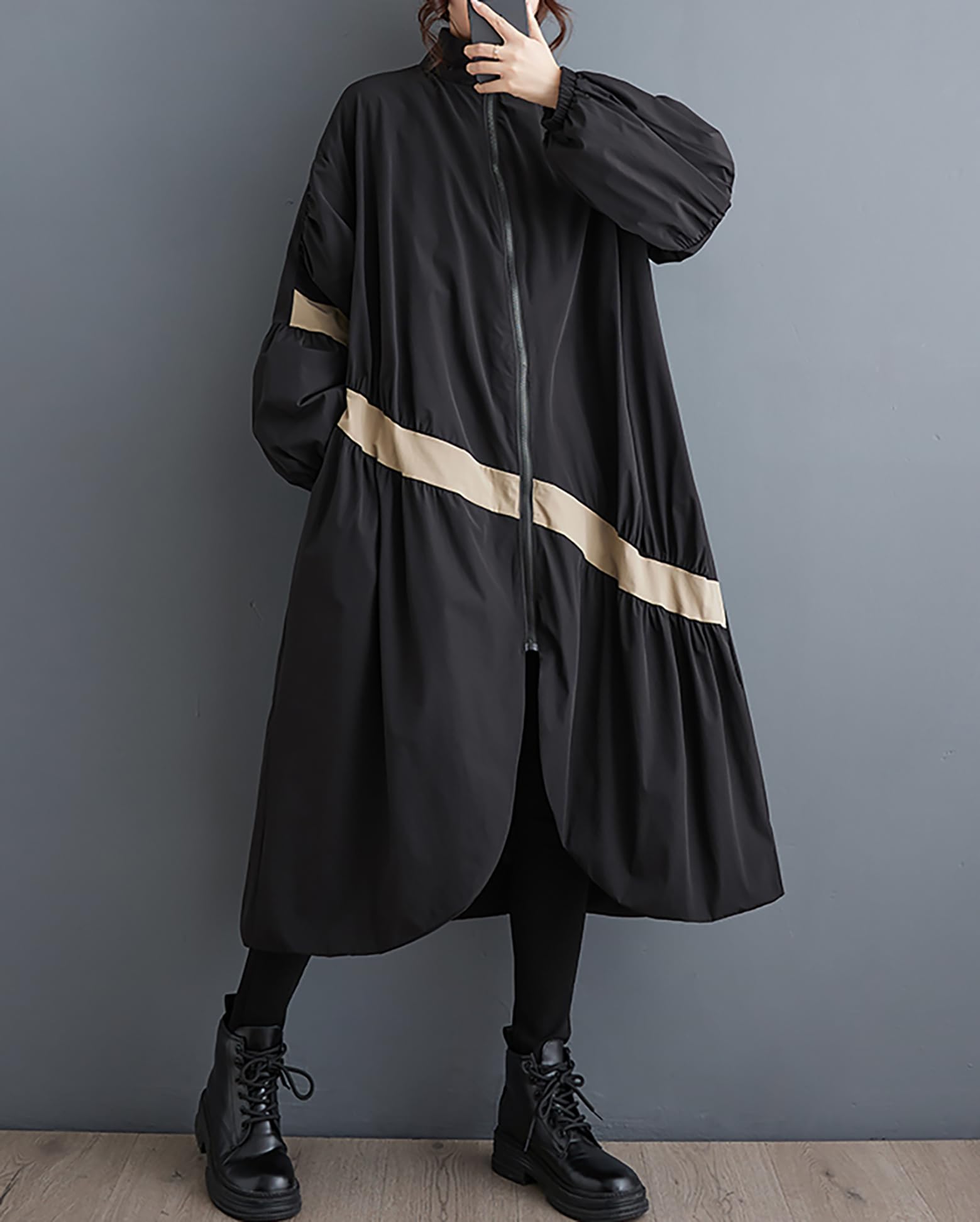 ellazhu Manteau Femme Col Montant Manches Longues Surdimensionné Fermeture Éclair Long Ourlet Fendu Imprimé Vêtement d’extérieur Poches Latérales GZ667