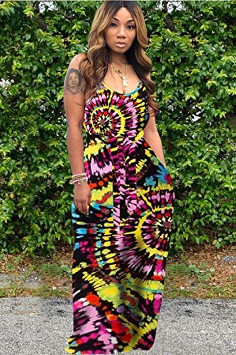 Image of BFFBABY Womens Summer Suspender Maxi Dress Plus Size Striped Printed Sleeveless with Pockets and Belt