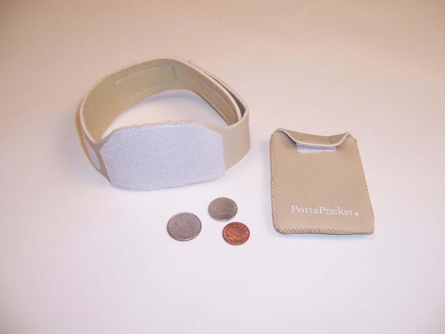 PortaPocket Essentials, a Wearable Handsfree Carry Case/Safe Travel Wallet System. ID & Credit Card Holder. Wear on Leg or Arm. Beige