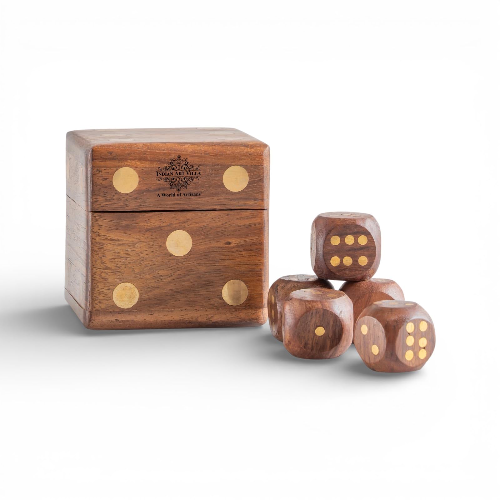 INDIAN ART VILLA Wooden Dice Box with Storage & Dice Set, Handcrafted Wooden Showpiece Décor, Decorative Cube Storage Box, Rustic Tabletop Organizer, Unique Gift Item for Home & Office