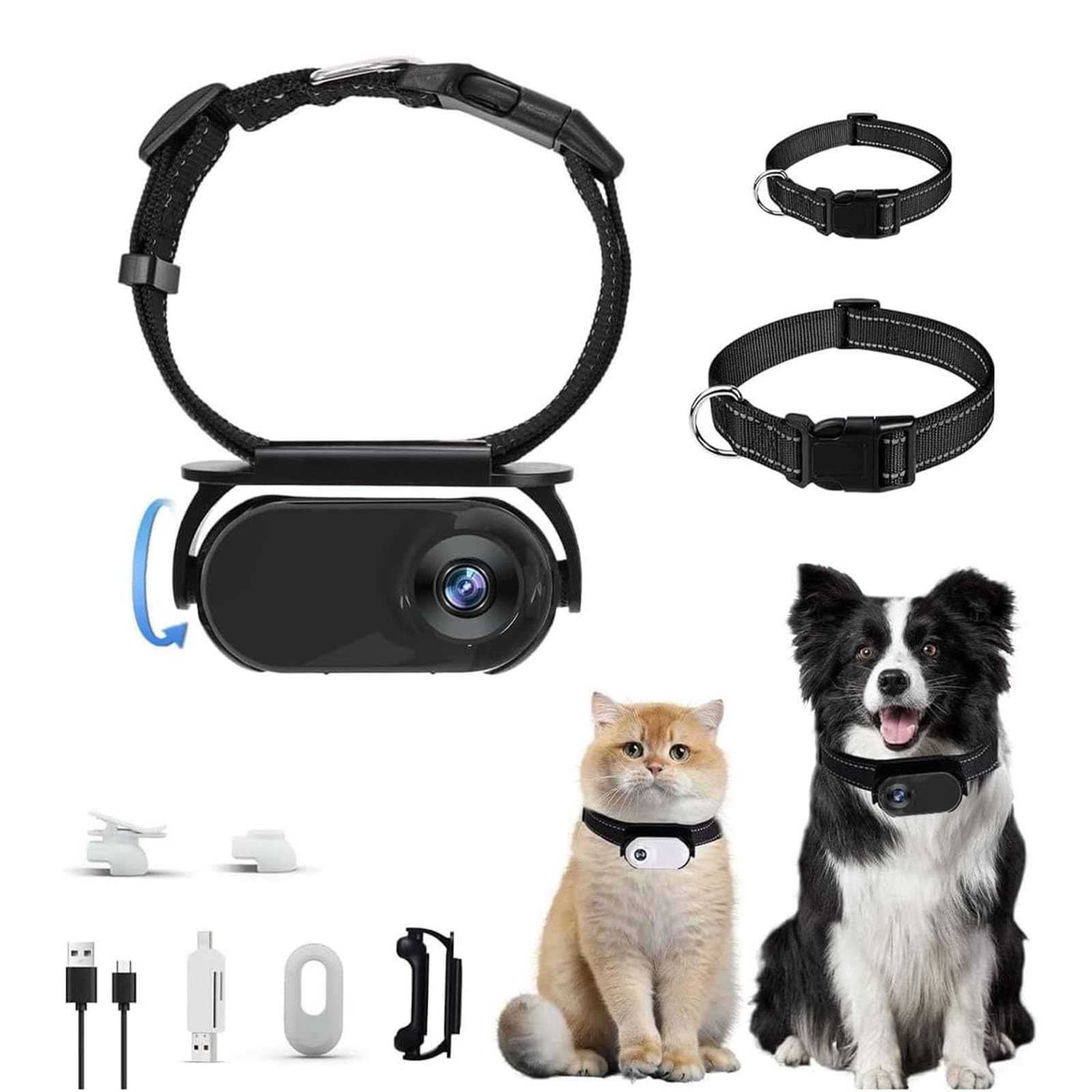 Collier pour appareil photo pour chat, rotation 360°, sans fil, caméra 1080p HD, pas besoin de Wi-Fi, petites caméras d'action pour chiens et chats (noir)