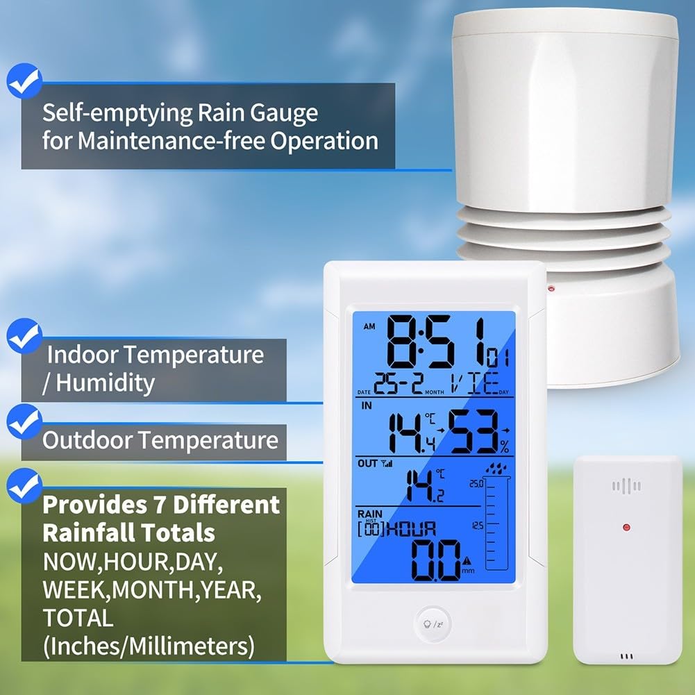 Drahtlose Regenmesser Wetterstation mit Außensensor, Digitaler Thermo-Hygrometer für Innen- und Außentemperatur (-40°C bis 70°C), Luftfeuchtigkeitsmesser mit 9-Tage-Regenhistorie,