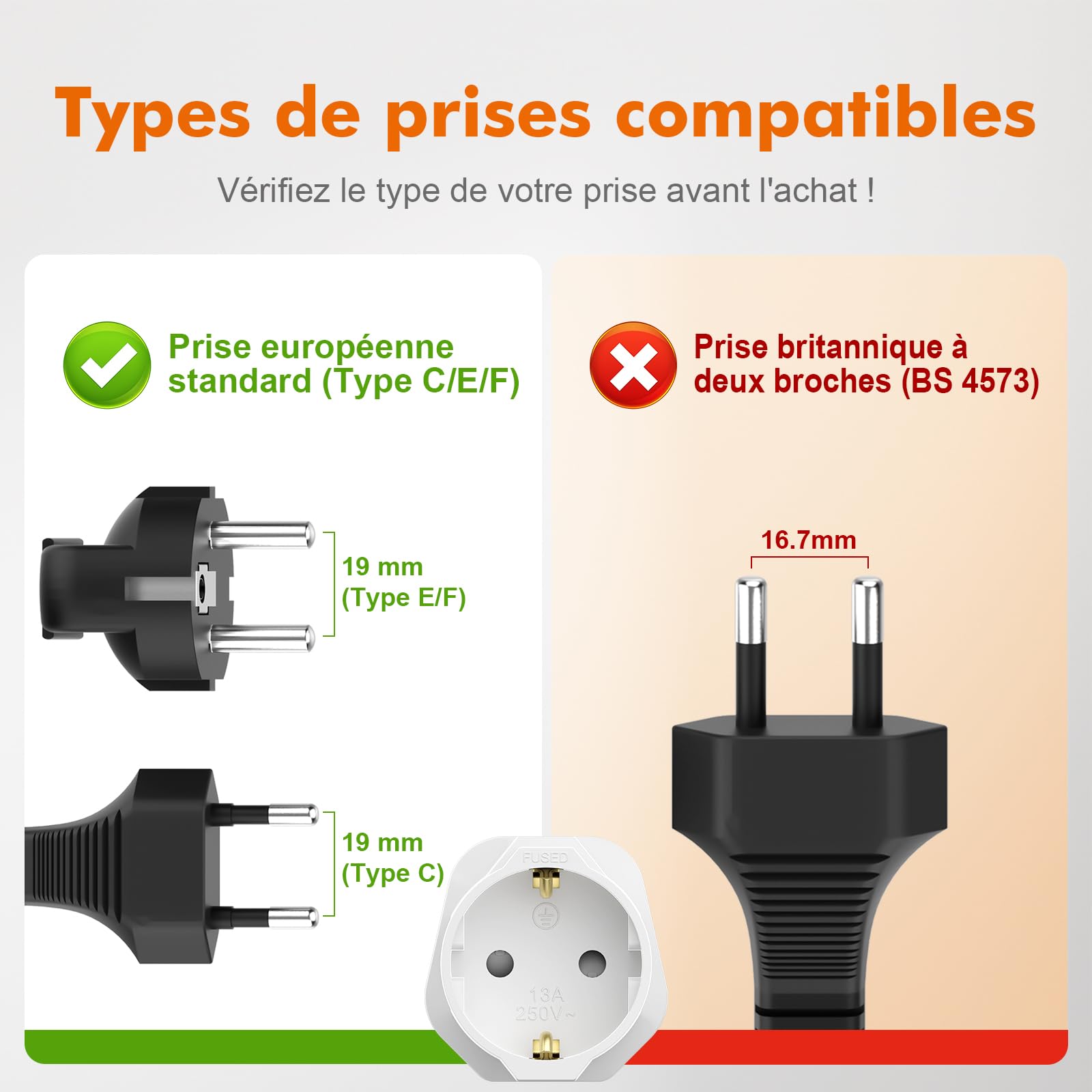 GRIFEMA Adaptateur Prise Anglaise avec Fusible 13A, Adaptateur Voyage France vers UK Type G pour Londres Angleterre Irlande Dubaï, Convertisseur Prise 2 Broches Europe vers 3 Broches UK, Lot de 2
