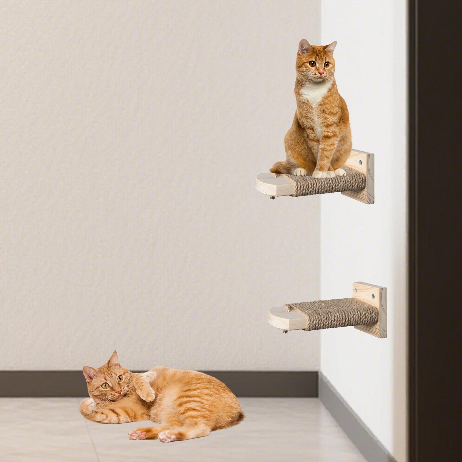 4 in 1 Kletterwand für Katzen Katzentreppe Wand, Wandliege mit Juteseil zum Kratzen, Katzentreppe Plattform aus Massives Gummiholz, für Katze Klettern Spielen, Maximale Tragfähigkeit 35kg