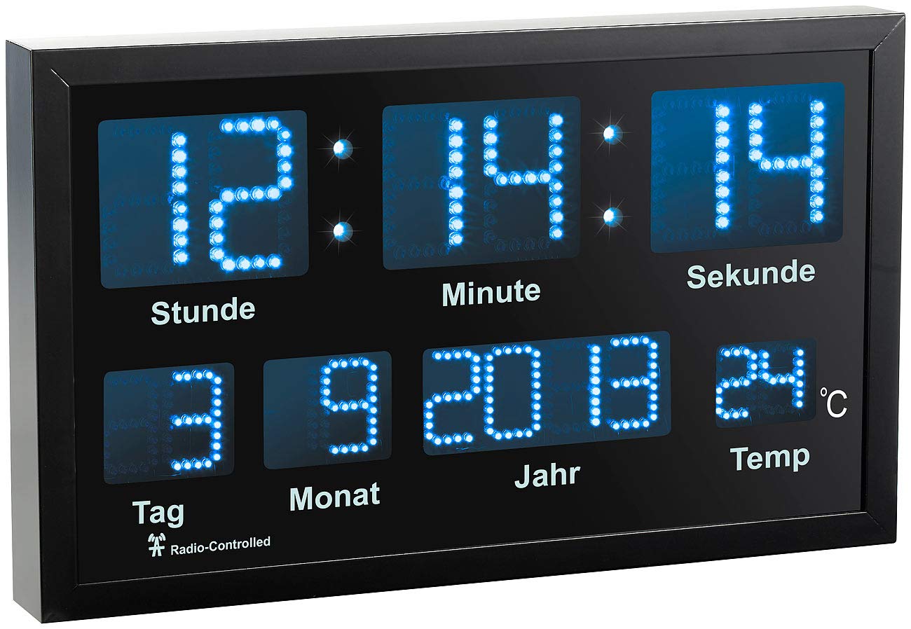 Lunartec Digitaluhr mit Datum: LED-Funk-Tisch- und Wanduhr mit Datum und Temperatur, 412 Blaue LEDs (Digitaluhr mit Temperaturanzeige, Uhr mit Temperaturanzeige, Volt)