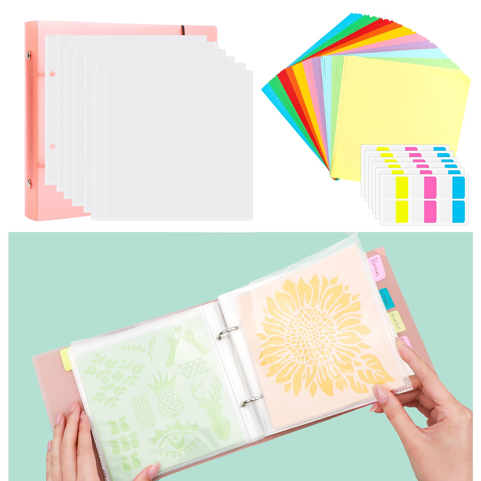 Cookie Stencil Storage Binder for Storage 6x6inch Stencils,Die Cuts,DIY Scrapbooking,Clear Stamp,Storage Folder Organizer Include 1 Orange Cover,50 Sleeve,50 Backing Paper and 10 Sheets Divider Tabs