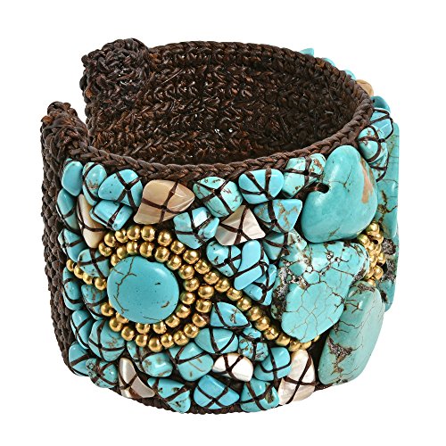 Aeravida Women's Boho Chic Chunky Mosaic Blue Turquoise Stone & Brass Beads On Cotton Rope Cuff Bracelet For Native Art Inspired Style With A Southwestern Vibe #TOP1