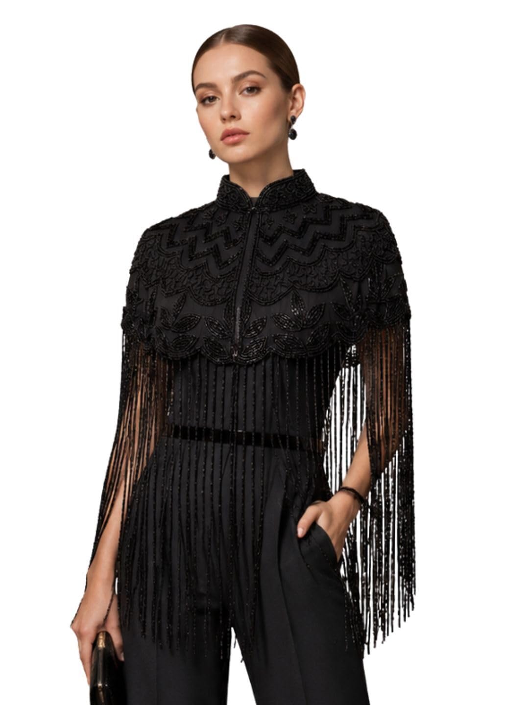 Women’s Black Embroidered Fringe Cape Luxury Ethnic Party Fashion Statement Evening Overlay Shrug-picture-26