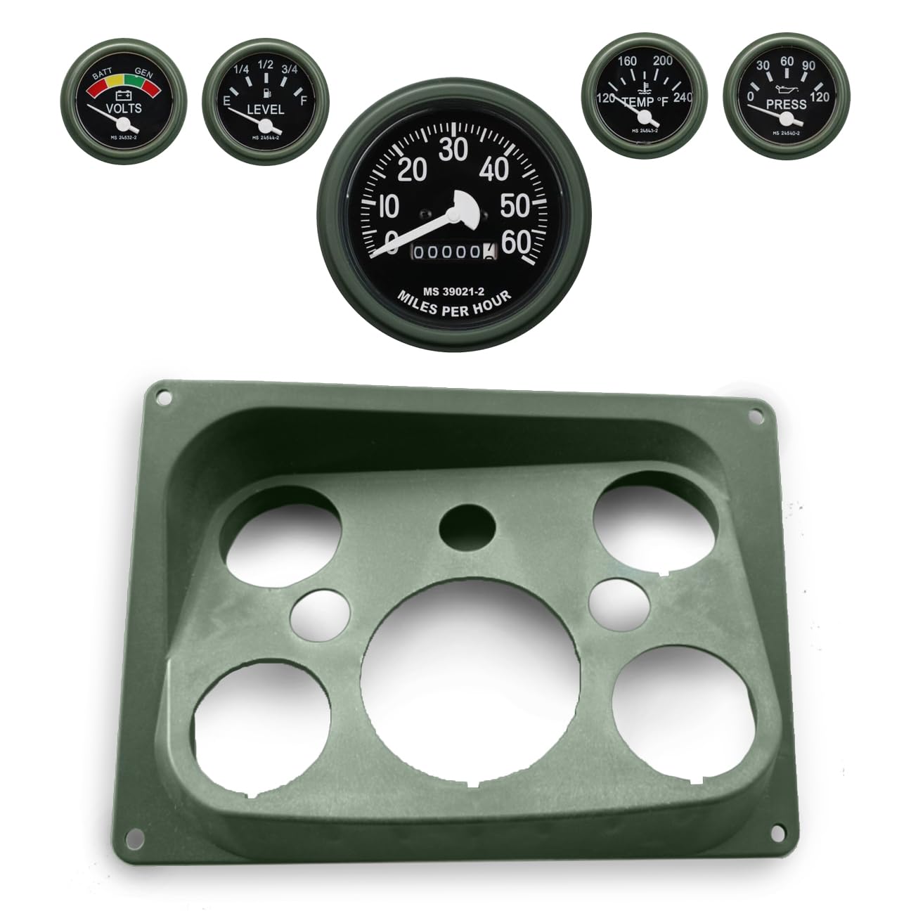 Instrument Panel + Set of 5 Dashboard Gauges, Speedometer, Fuel, Water, Pressure, Battery Voltage Gauge- Compatible with Humvee- Green, Black, or Tan (383 Green)
