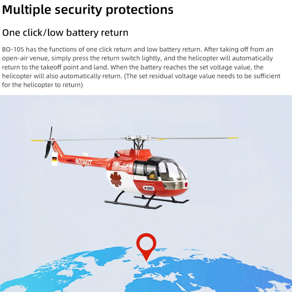 Helikopter RC GPS dla dorosłych, FLYWING BO105 470-klasa 2,4 G 6CH szybko odłączana waga śmigła RC model śmigła wojskowy model z kontrolerem lotu H1, pozycjonowanie GPS