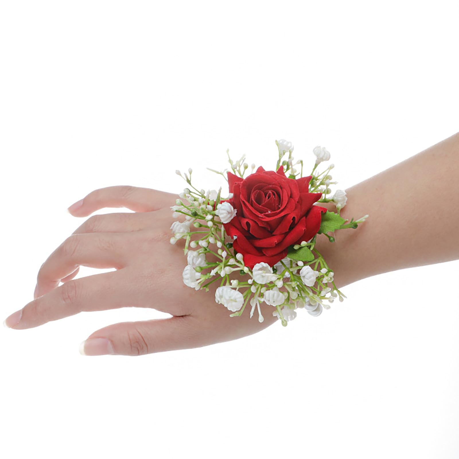Iuoutg Girls Red Rose Wrist Corsage Wristlet Band Bracelet, Wedding Pearl Flower Wristband, Hand Bride Bridesmaid Homecoming Prom Party Decor