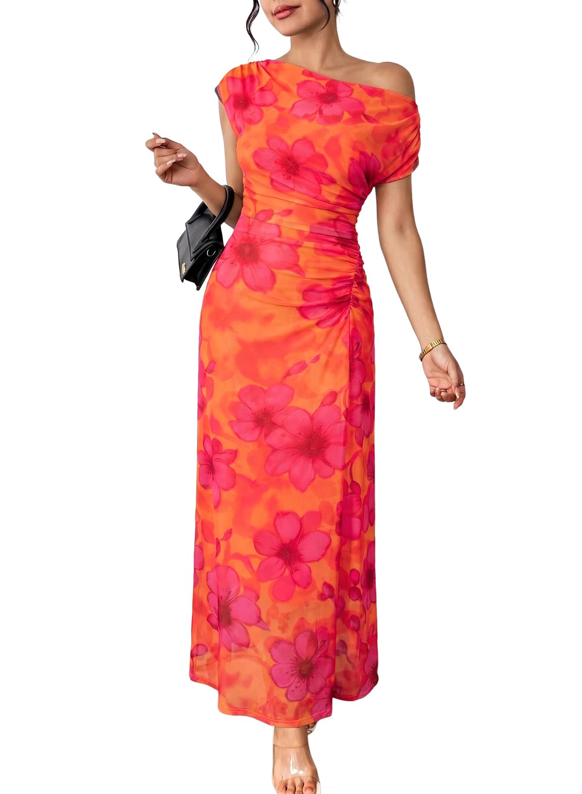 Women's Floral Off Shoulder Wedding Guest Dress Party Gown