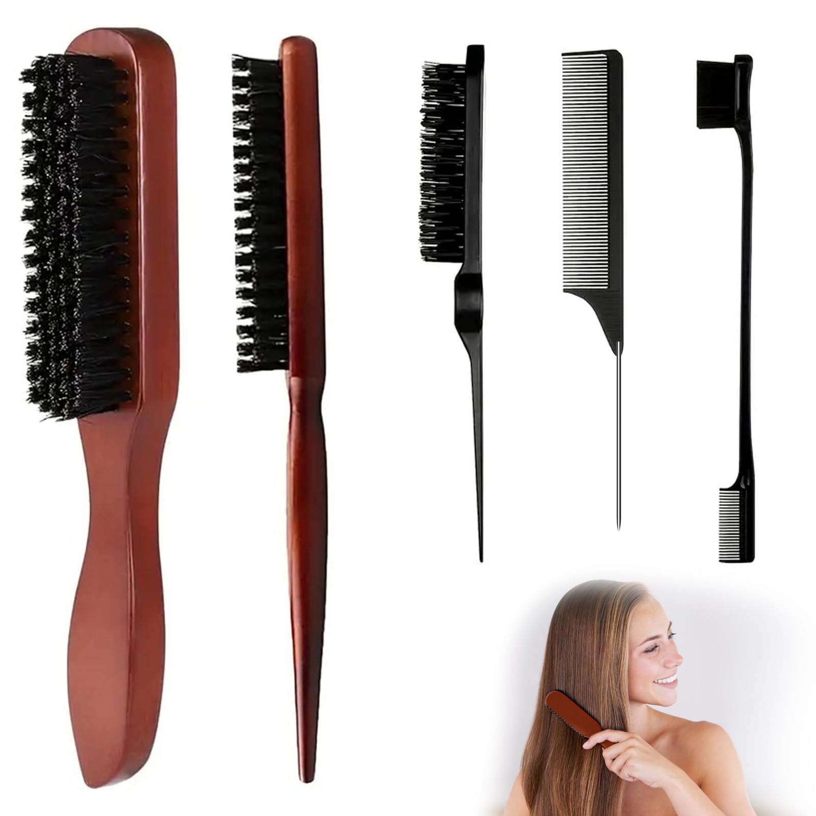 Spazzola Setole Cinghiale,5pcs Styling di Capelli e Barba Spazzola per Capelli con Manico Set per Styling di Capelli e Barba,assaggio del Cuoio Capelluto Uomo e Donna
