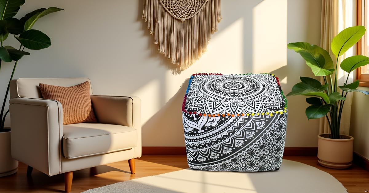CRAFT KALA Large Hippie Mandala Meditation Floor Ottoman Pillow Cushion Pouf Cover Square Poufs Cover Bohemian Floor Cushion Case Outdoor Fireplace Yoga Living Room Decor 18X18X14 inches, Grey Ombre image 5