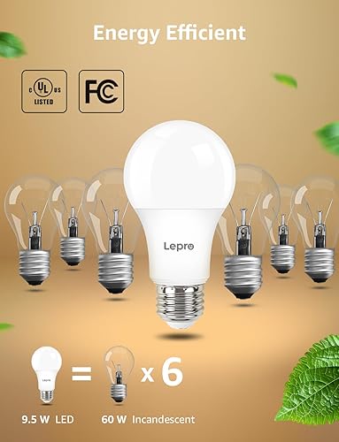 Miniatura 5 de Lepro Bombillas LED regulables equivalentes a 60 vatios, 9.5 W 800 lúmenes, blanco cálido suave 2700 K, base media estándar A19 E26, certificación