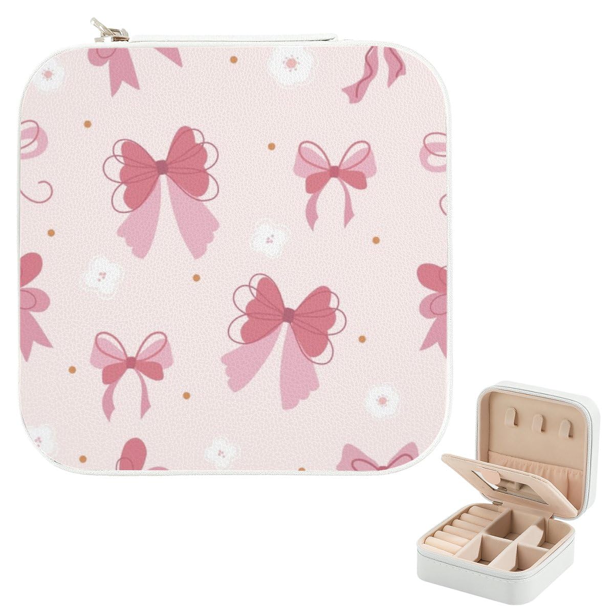 Dark Pink Bow Mini Jewelry Travel Case For Women Girls Small Travel Jewelry Organizer Pu Leather With Mirror