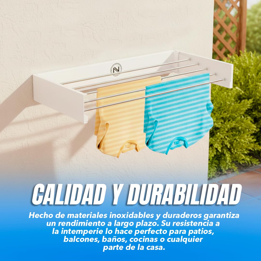 Tendedero Extensible de Pared Retráctil - Tendedero Plegable de Pared para Interior o Exterior - Ahorra Espacio - Compacto - 29 kg de Capacidad - 5 Varillas - 70 cm | Color Blanco