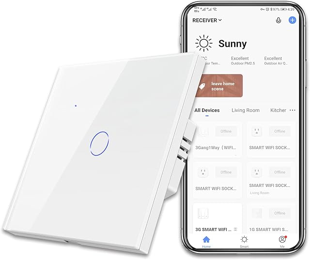 CNBINGO Smart Touch Light Switch, Work with Alexa, Google Home, Smart Life APP, Multi-Control, Single WiFi Switch with LED Backlight, White Glass Wall Plate,No Neutral Wire Required,1 Gang,400 W/Gang