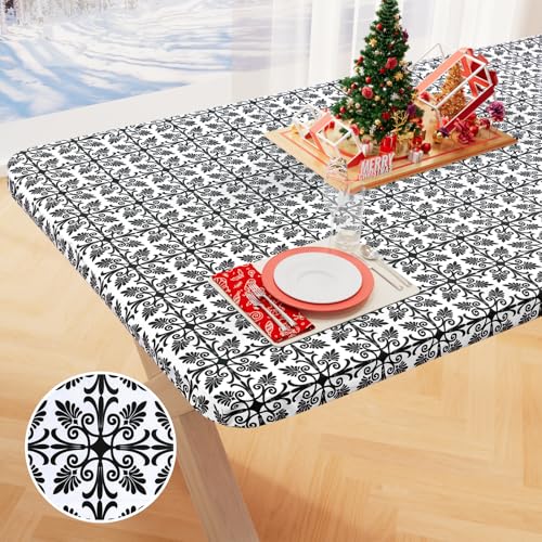misaya Rectangle Vinyl Table Cloth, Elastic Fitted Flannel Backed Tablecloth, 100% Waterproof Plastic Table Cover Fits 6 Foot Folding Tables for Picnic, Camping, Outdoor (Black, 30