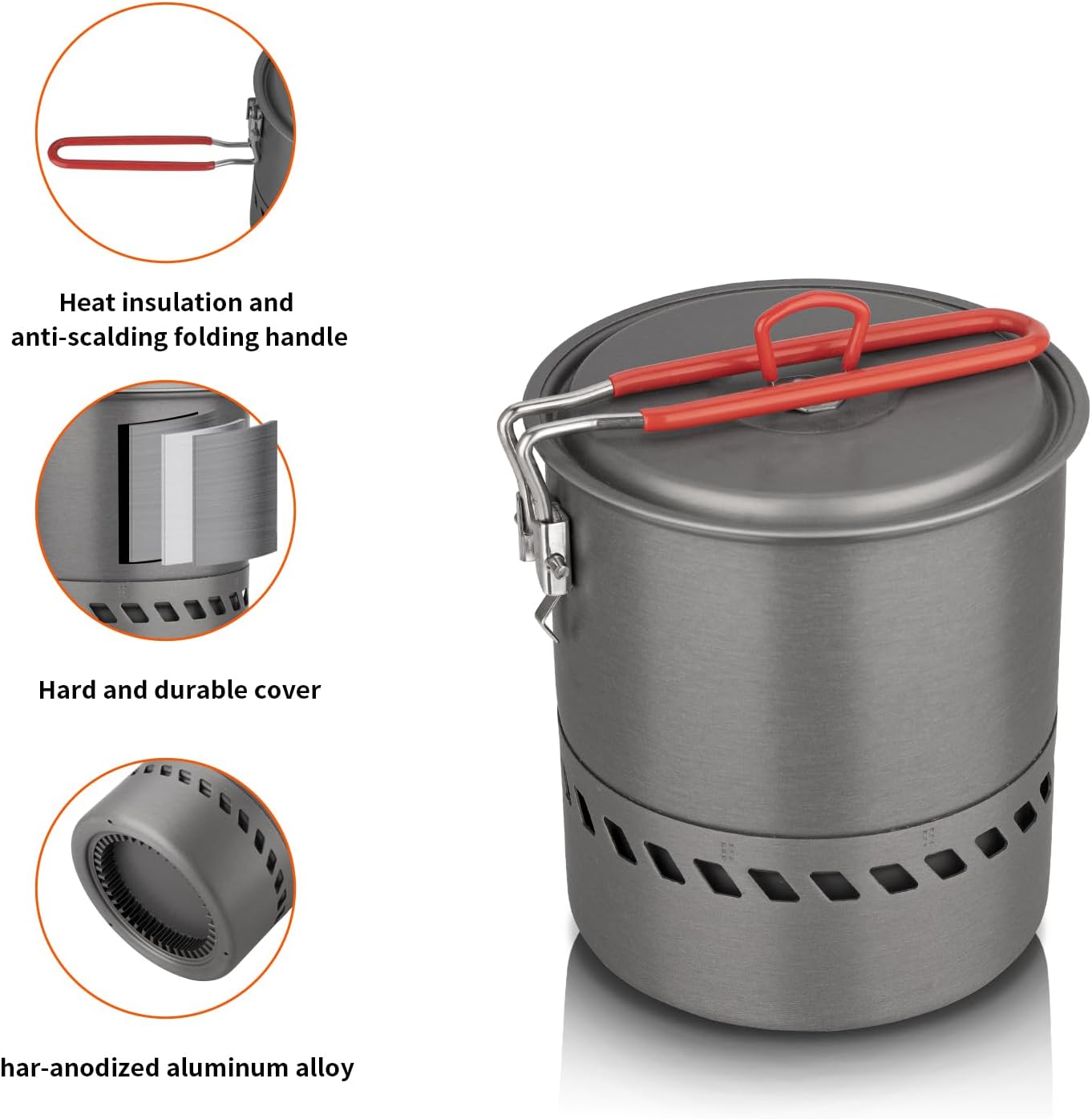 Tentock Outdoor Portable Heat Collecting Exchanger - 1L/1.5L/2.1L Camping Backpacking Hard Aluminum Pot with Folding Handle - Rapid Boil Billy Can with Compact Storage Mesh Pouch