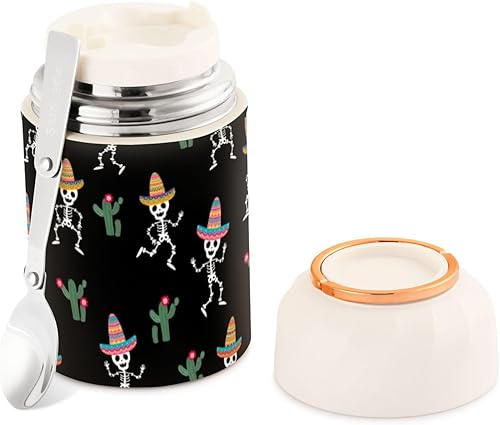 Skull Cactus Mexican Food Jar with Spoon Stainless Steel Vacuum Insulated Food Container 17 oz Food Flask for Hot Food