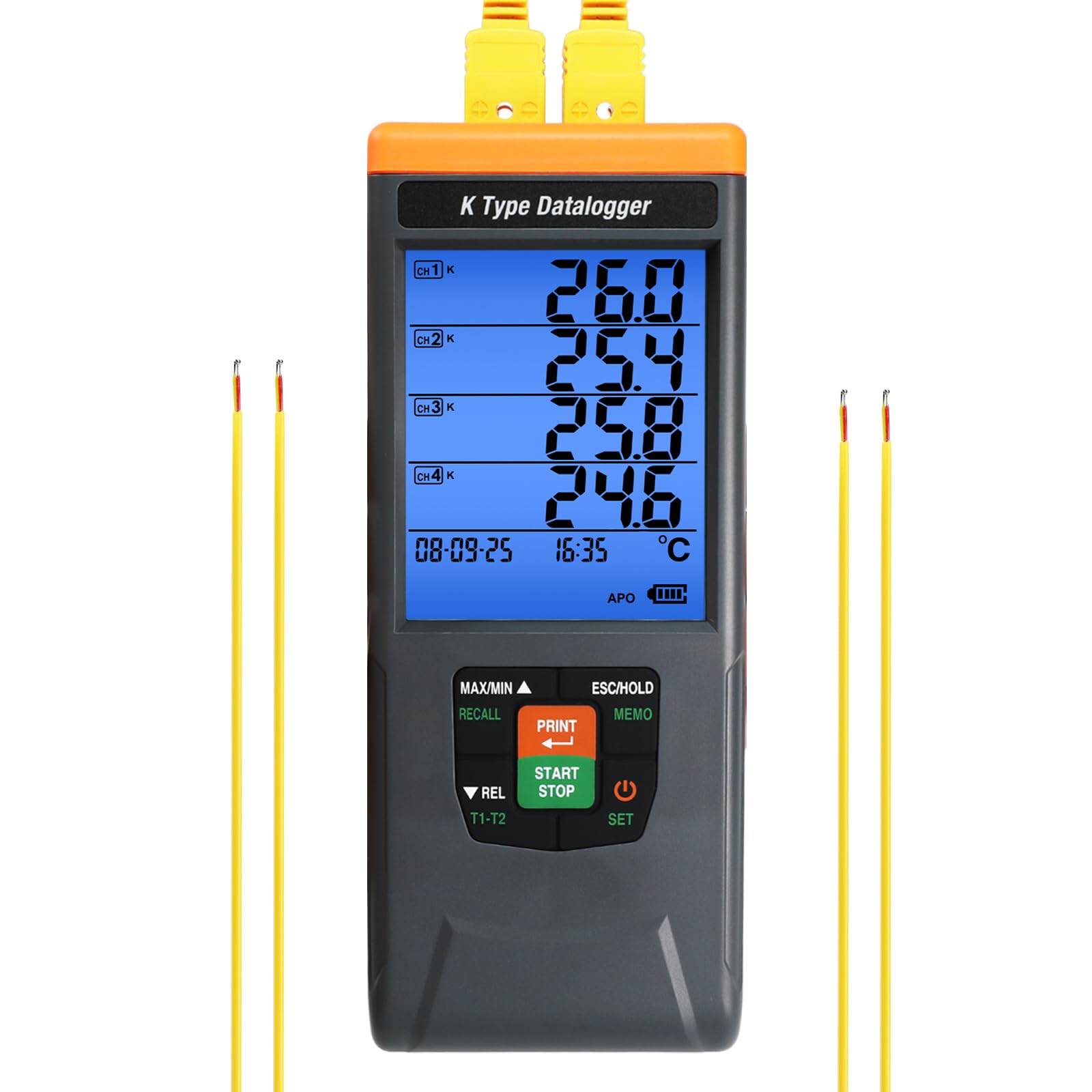 Termometro digitale a 4 canali con termocoppia tipo K, registratore (da -200 °C a 1370 °C), 48.000 dati, allarmi, display LCD retroilluminato, per laboratorio, CVC, industria, ricerca.