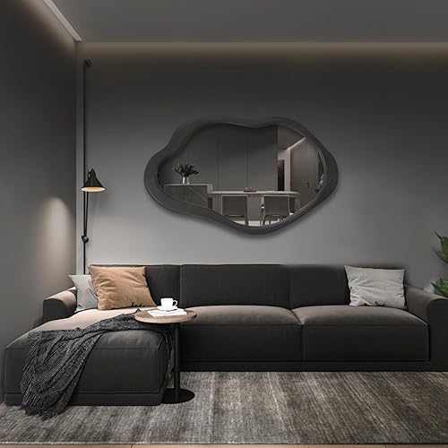 Miniatura 3 de Espejo de pared irregular de 42 x 28 pulgadas, espejo de pared con marco negro de madera, espejo de pared asimétrico ondulado para sala de estar,