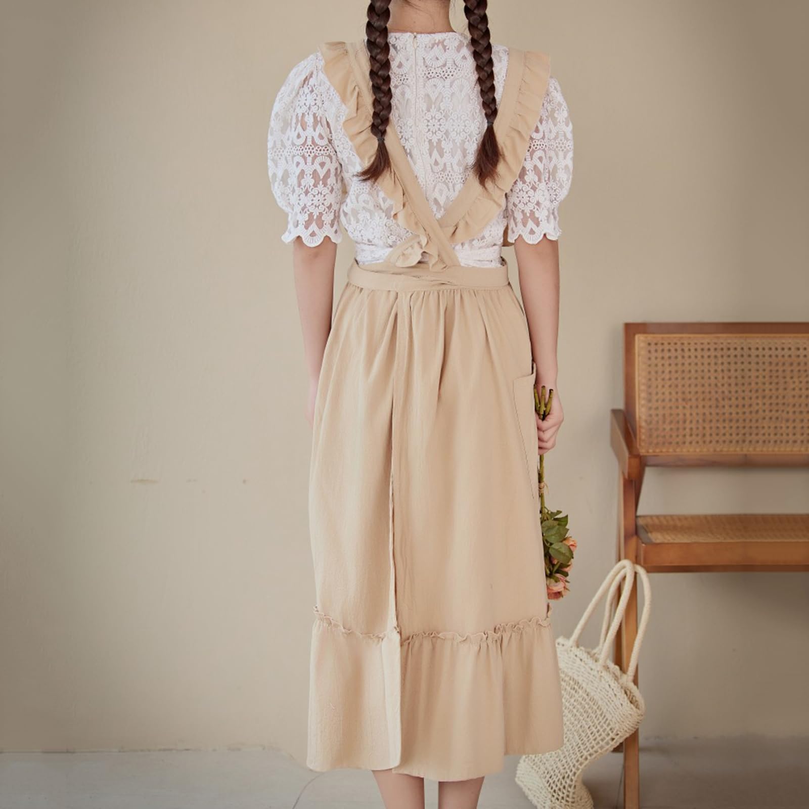 Tablier De Cuisine Femme Vintage Tablier Long avec Poches pour Restaurant Café Pâtisserie PeintureBeige,One Size