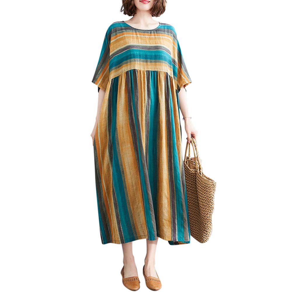 Women Loose Cotton Linen Dress Print Boho Swing House Dress with Pockets