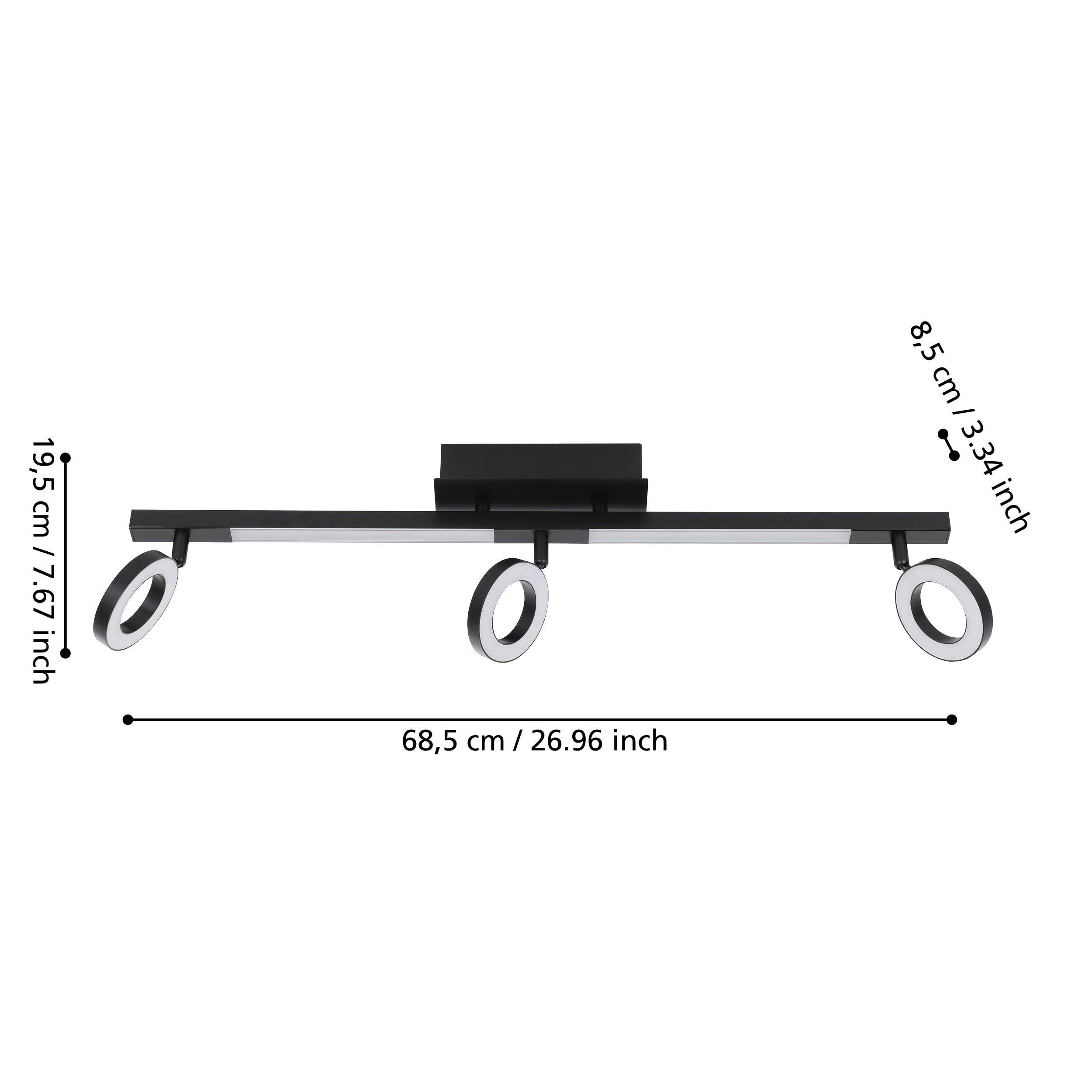 Eglo LED Cardillio 2, 2 focos de techo, lámpara de 3 luces con focos orientables, luminaria de plástico y metal en negro, reflector blanco cálido