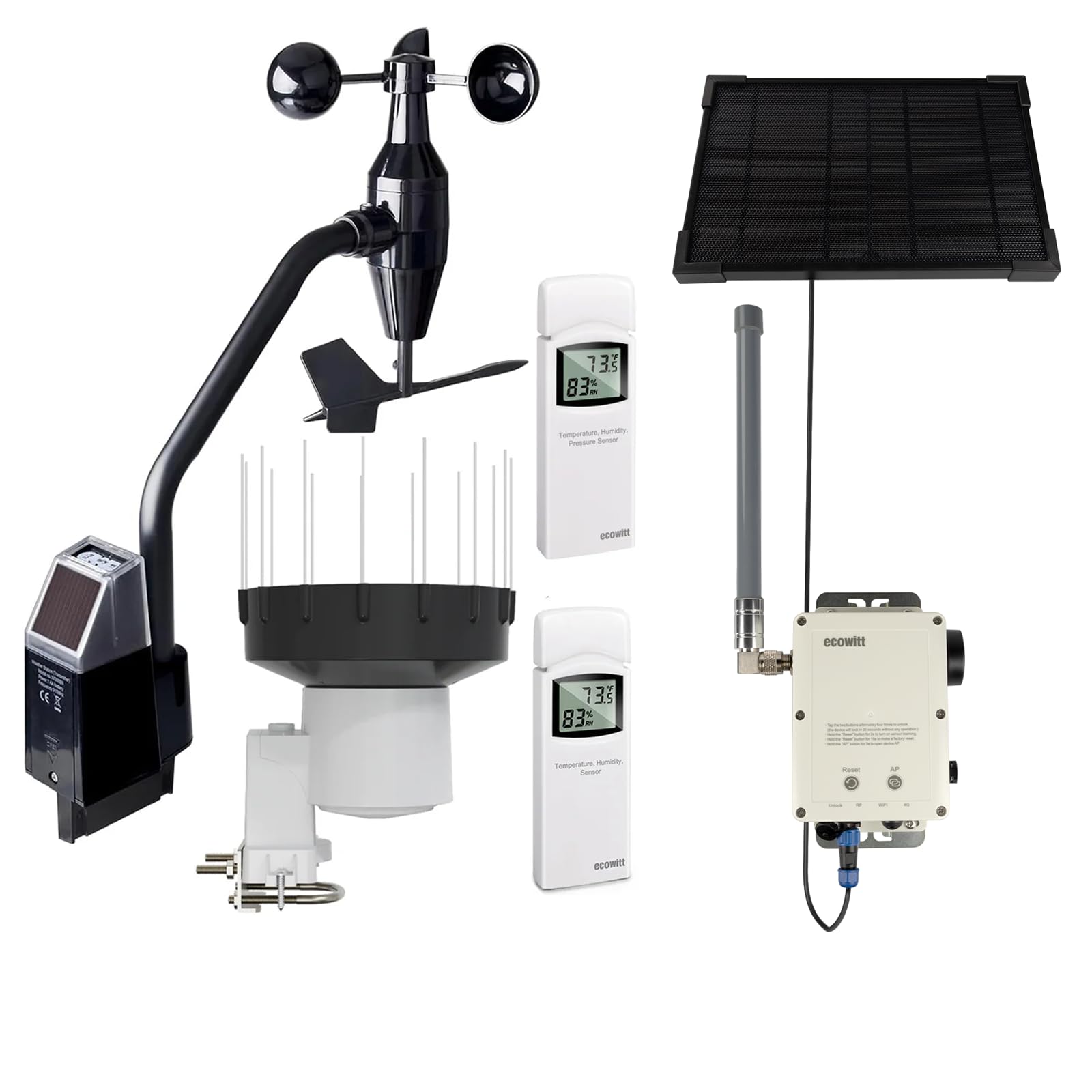 ECOWITT WS6212S Estación meteorológica doméstica, pasarela 4G y Wi-Fi WS6210S con panel solar, sensor exterior 4 en 1 WS68 + pluviómetro WH40H + medidor de temperatura y humedad WN32
