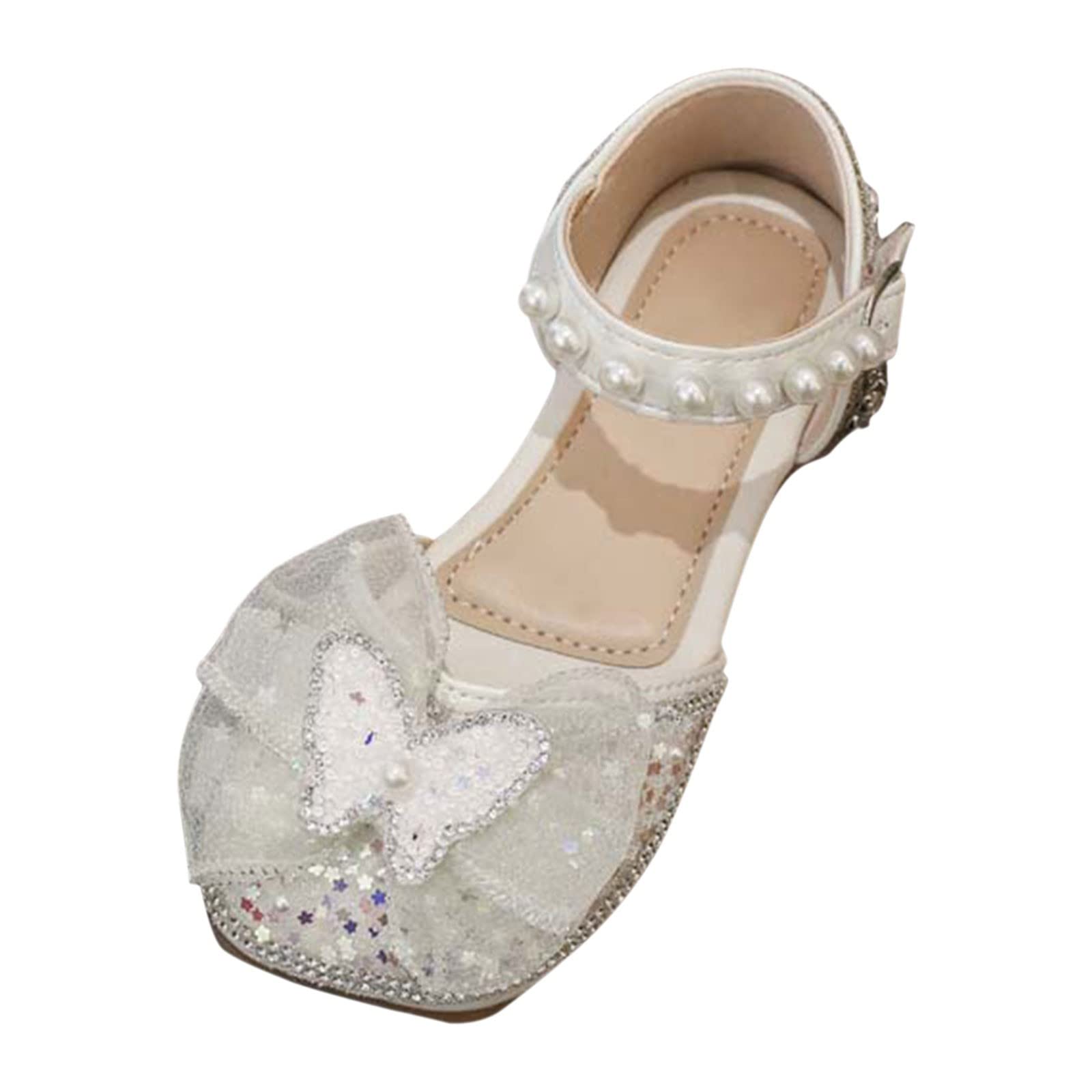 Girls Dress Shoes Cute Bow Mary Jane Shoes Ballerina With Satin Ankle Tie For Wedding Birthday Party (Beige, 6.5 Infant)