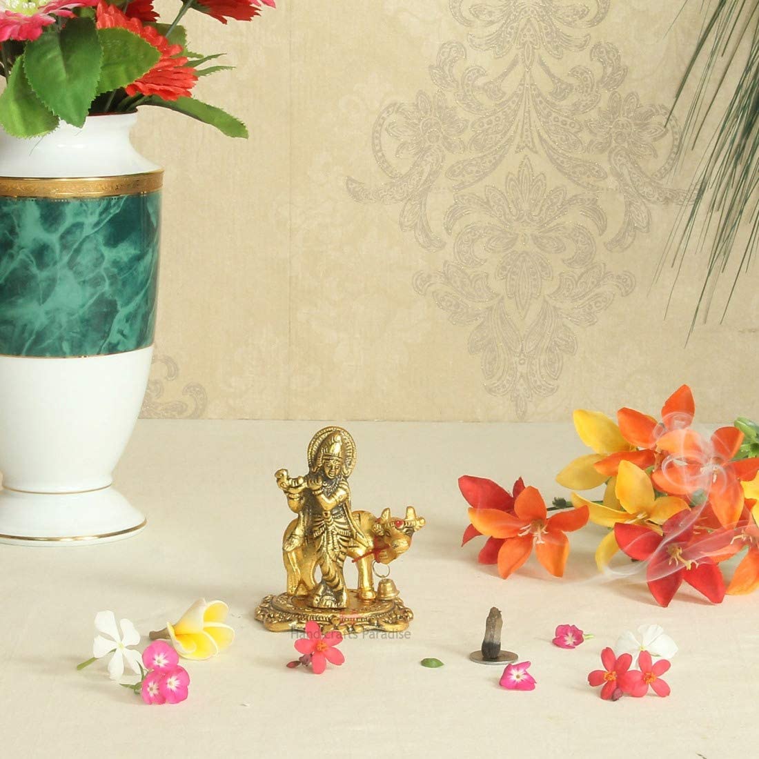 Handicrafts ParadiseKrishna with Cow in Antique Golden Finish