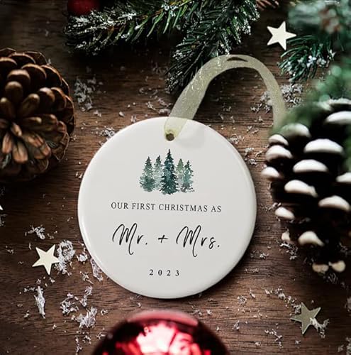 First Christmas As Mr And Mrs Ornament 2023,1St Year Wedding Ornament For Newlywed,Our First Married Christmas Ornament,Ceramic Hanging Decoration For Couples Just Married With Gift Box&Ribbon (2.9" #TOP1