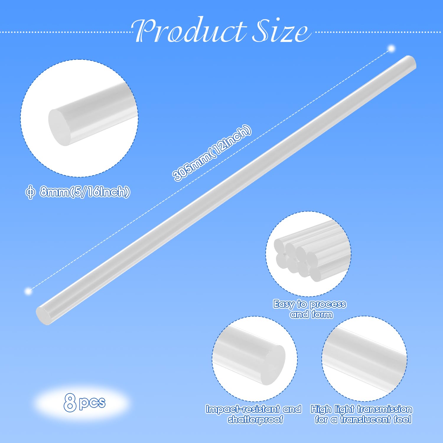 8 Pieces Clear Acrylic Dowel Rods, 5/16" Diameter 12 Inch Acrylic Sticks | Plastic Rods for DIY Crafts Cake Topper Sticks Plant Stake Curtain Pulls - 8 mm x 305 mm