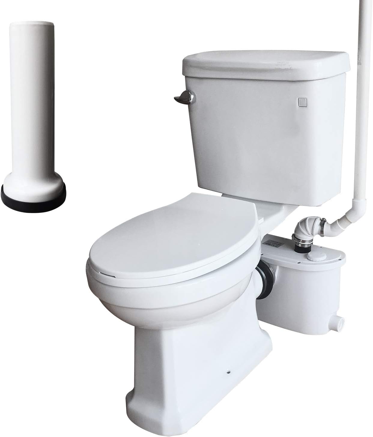Upflush Toilet with Macerator Pump Kit, 3 Piece Set with Extension Pipe Between Toilet and Macerator, Elongated Bowl White Finish (Toilet Set-1)