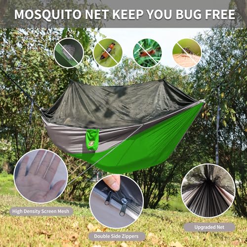 Image of Camping Hammock with Net,Travel Portable Lightweight Hammocks with Tree Straps and Solid D-Shape Carabiners,Parachute Nylon Hammock for Outsides Backpacking Beach Backyard Patio Hiking