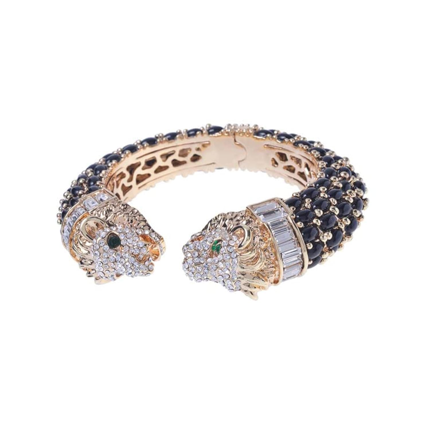 London Two-Headed Lion Crystal Embellished Cheetah Cuff Bracelets Bangles | Stylish Party & Wedding Accessories for Women | Gold Plated with Sparkling Crystals (Black Gold)