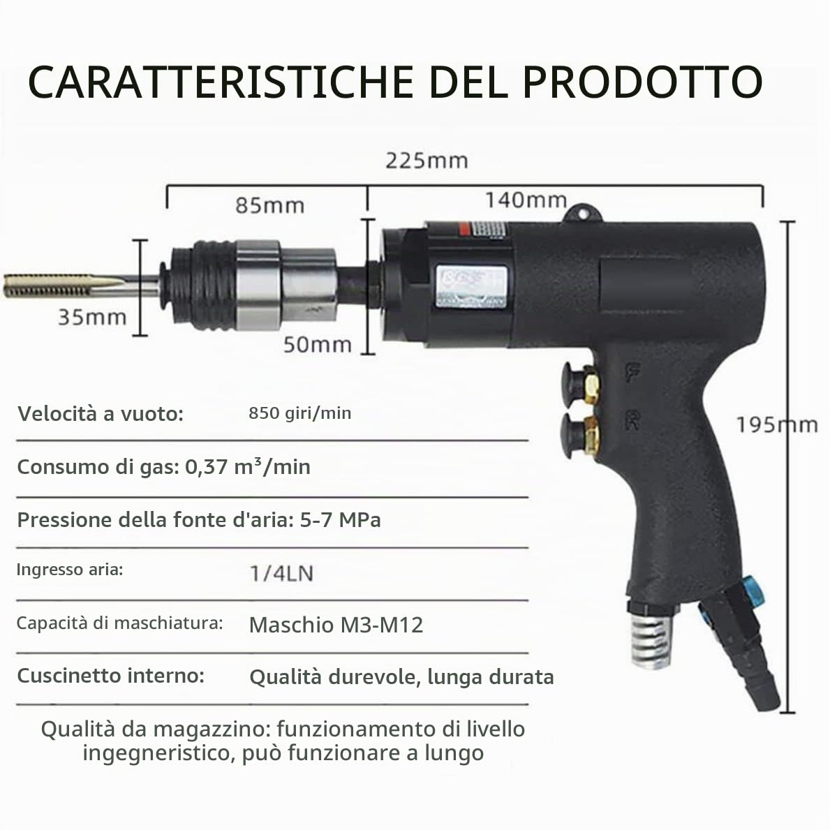 Maschiatrice pneumatica Maschiatrice Tipo di pistola Macchina pneumatica per filo elettrico M3-M12 Trapano per maschi Macchina per filettatura posteriore