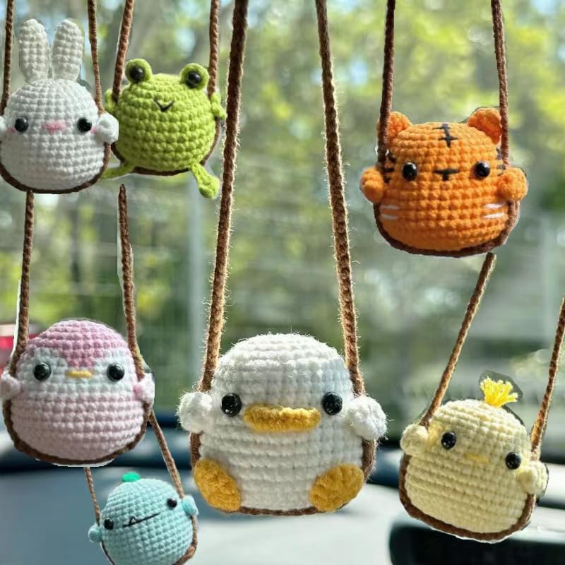 Image of Crochet Swinging Tiger Car Mirror Hanging Accessories, Cute Car Decorations for Women Aesthetic, Handmade Knitted Rearview Mirror Car Accessories Home Office Car Mirror Decor