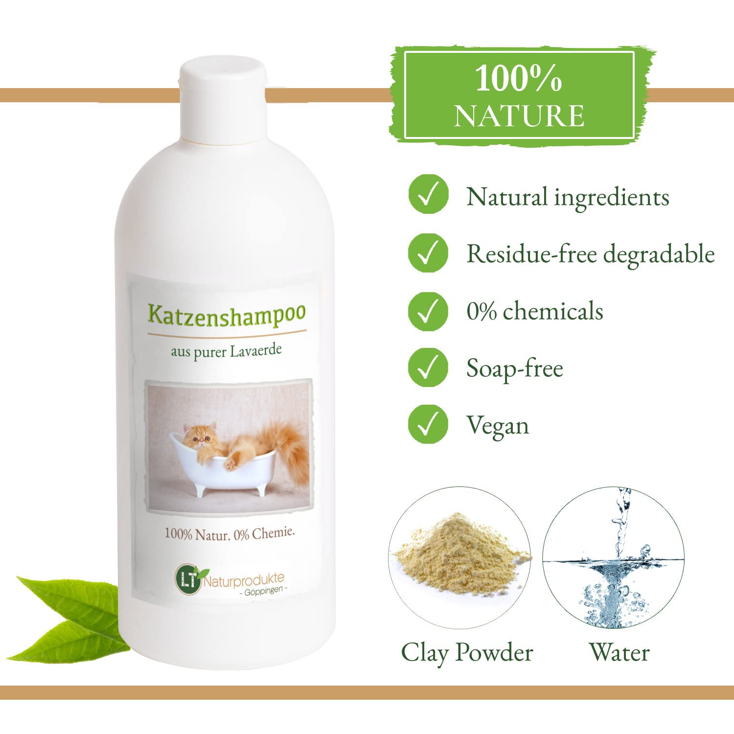 Shampoing pour Chat | Bio | sans Substance Chimique et Savon | hypoallergénique | Anti-démangeaisons | au ghassoul marocain d'origine | 500 ML | pour Un Pelage Brillant