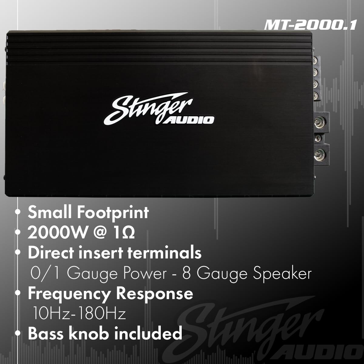 STINGER Audio MT20001 Amplifier highlighting features and terminal sizes