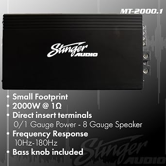 Stinger Audio MT20001 Compact Digital Class D Monoblock 2000W RMS Car Audio Subwoofer Amplifier with Remote Control Bass Knob, Bass Boost, HEXFET MOSFET, Low-Pass Crossover, Subsonic Filter