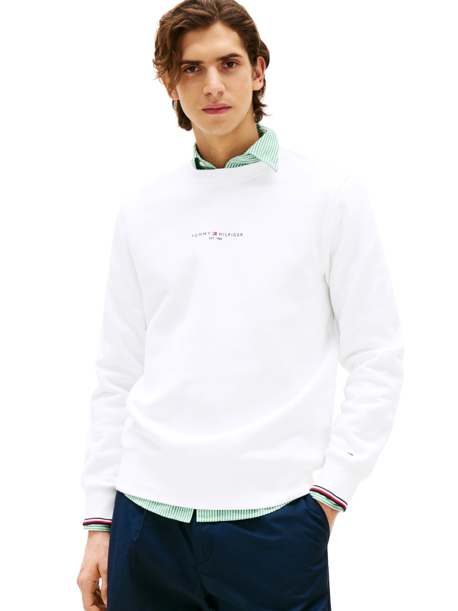 Tommy Hilfiger Men's Medium Weight Small Graphic Logo Crewneck Sweatshirt, White, XXL