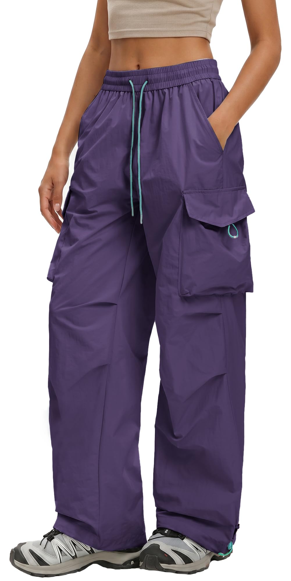 FEOYA Damskie spodnie trekkingowe, wodoodporne, szybkoschnące, spodnie outdoorowe, szerokie nogawki, spodnie cargo, Baggy Parachute Pants High Waist