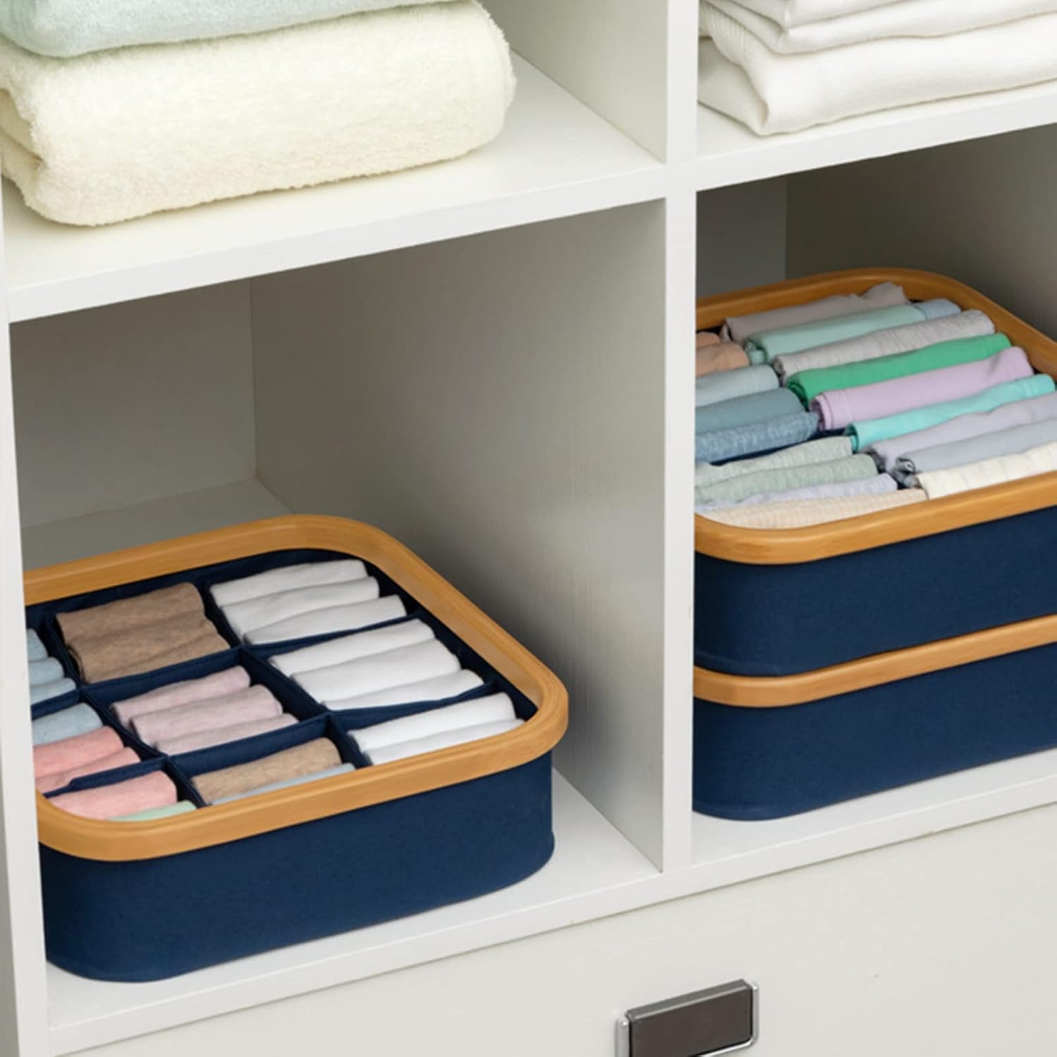 Storage Boxes 3PCS Closet Organizer Wooden Wardrobe Washable Clothes Organizer Visible Foldable Drawer Separation Box for Home Jeans T-Shirt Socks Panty 3/4/9 Grids