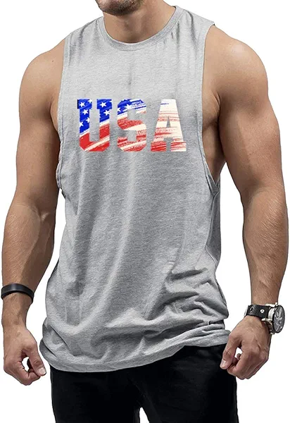 GYMLEADER Men's Tank Tops USA Flag Gym Muscle Tank Bodybuilding Cut Off T Shirt