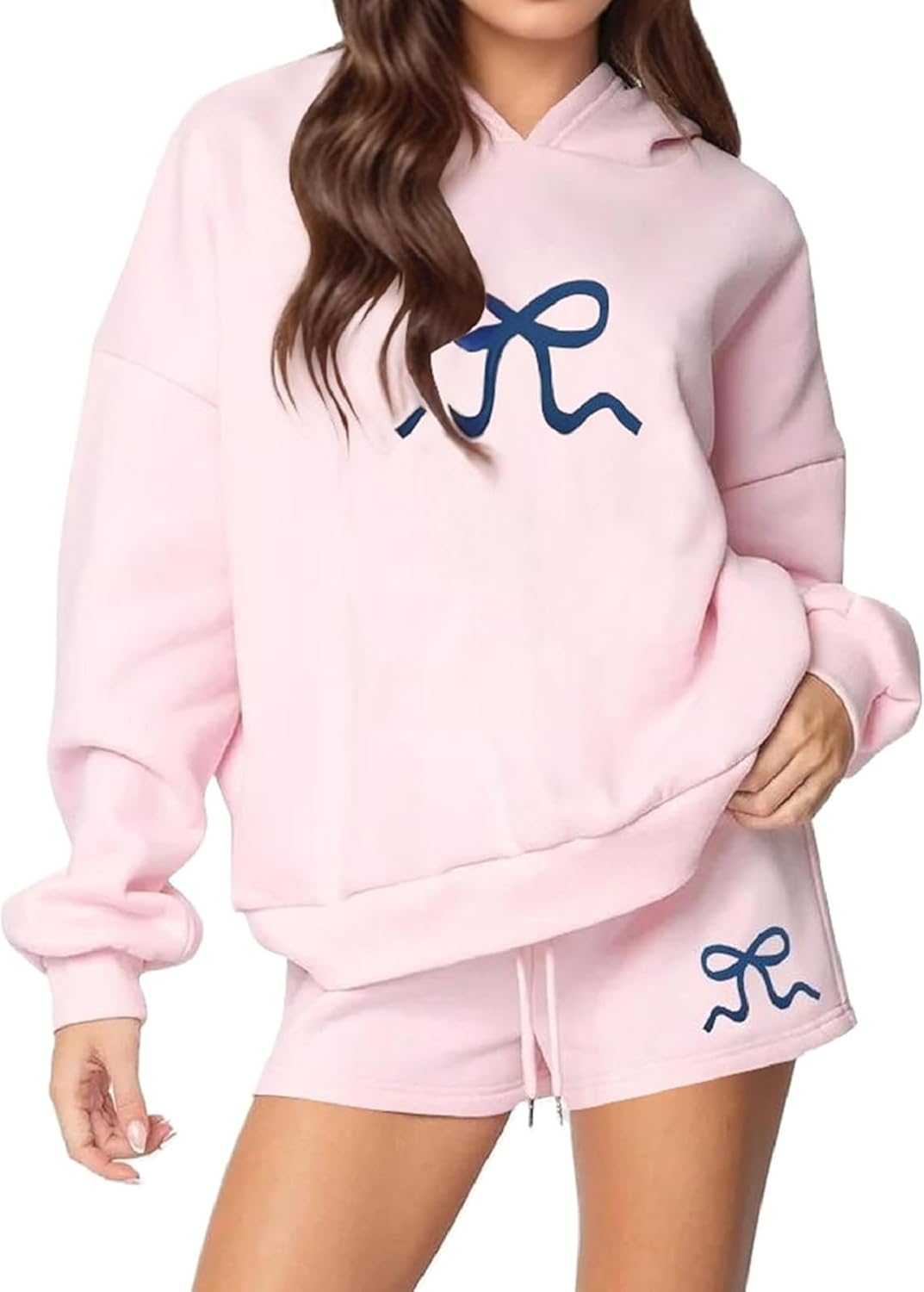 Argeousgor Bow Print Sweatsuit Sets for Women Long Sleeve Oversized Sweatshirt Shorts Set 2 Piece Outfits Tracksuit